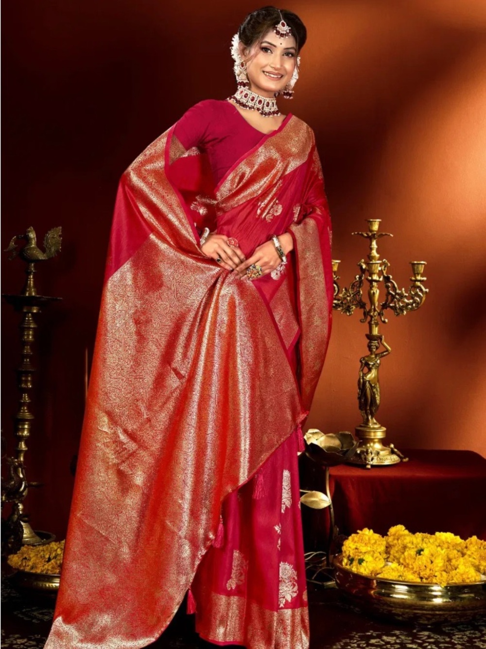 Traditional Red and Gold Banarasi-Style soft silk Saree